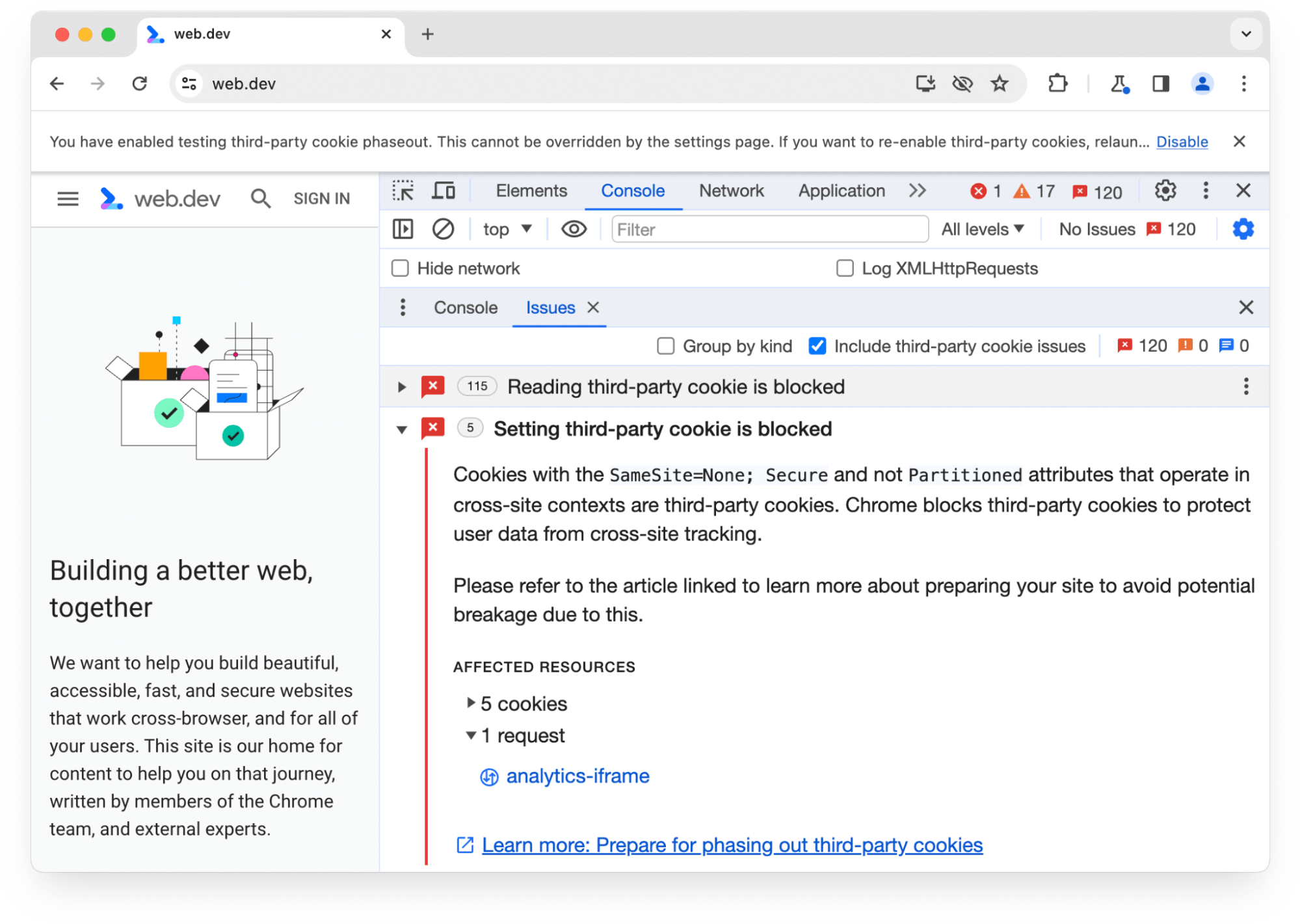 Warnung im Bereich „Probleme“ der Chrome-Entwicklertools zu 5 Drittanbieter-Cookies, die für eine Anfrage blockiert wurden.