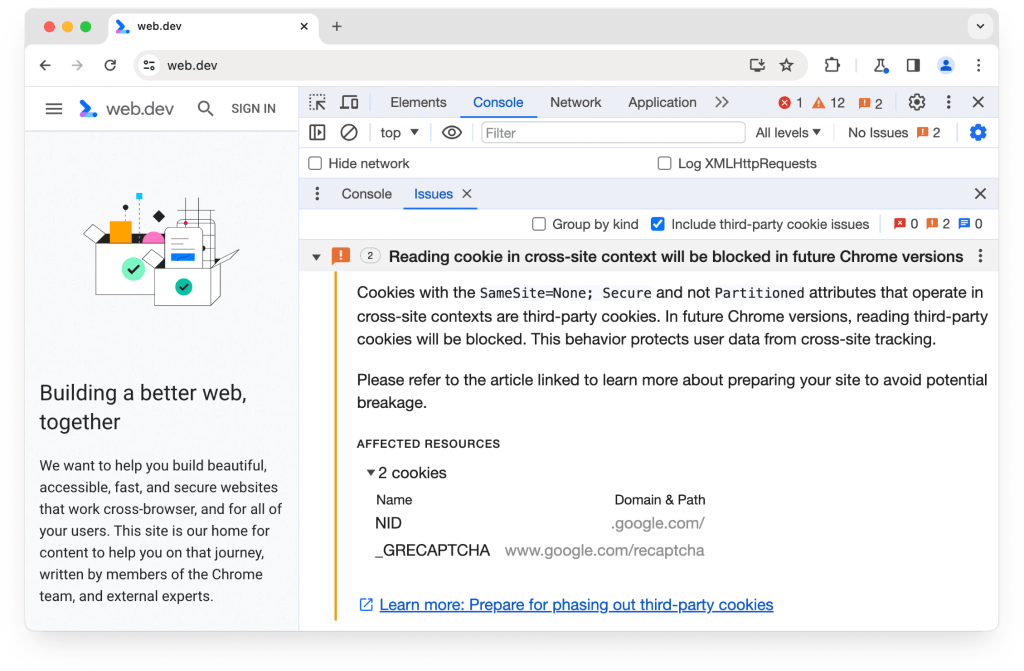 Im Bereich „Probleme“ der Chrome-Entwicklertools wird vor zwei Drittanbieter-Cookies gewarnt, die in zukünftigen Chrome-Versionen blockiert werden.