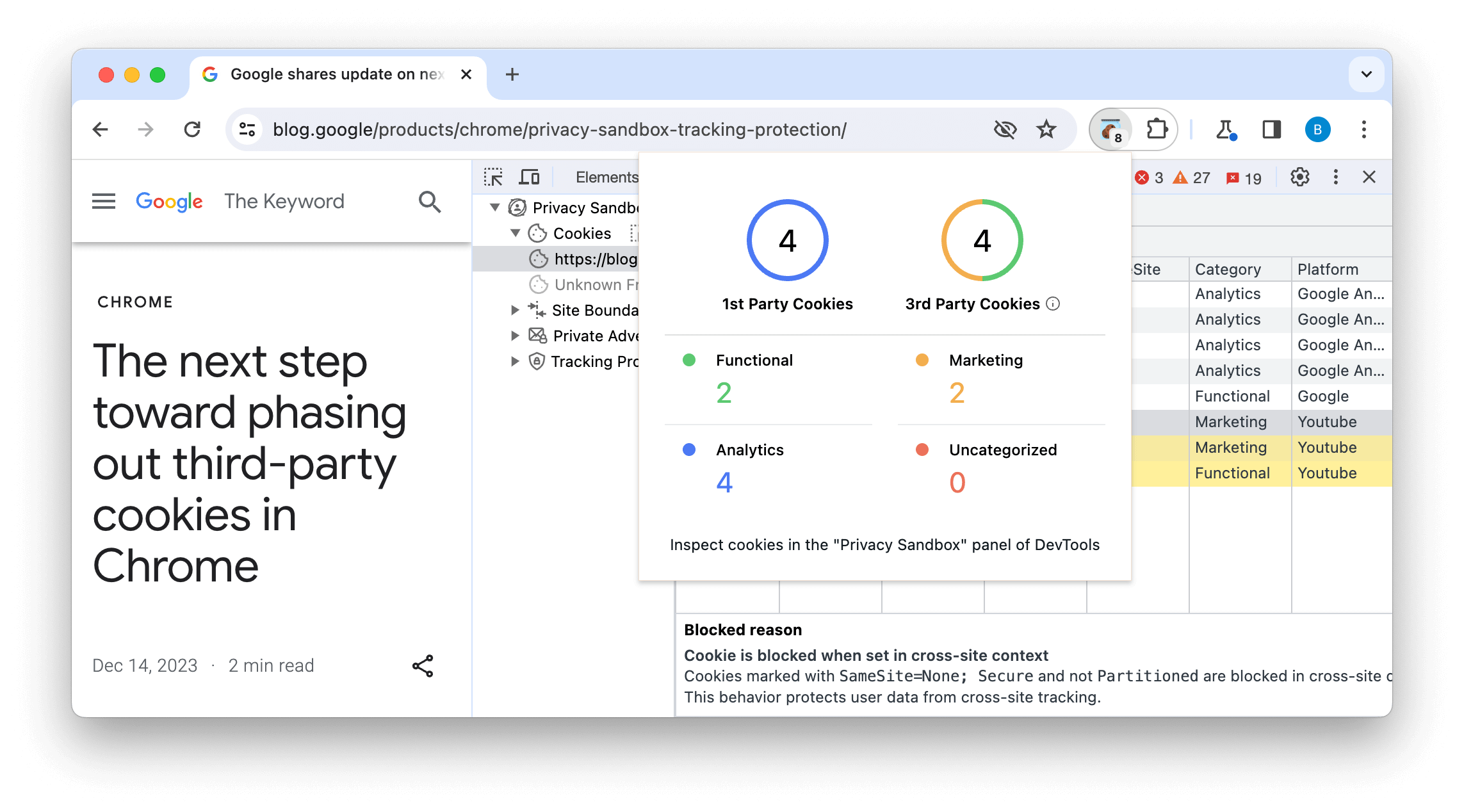 Captura de pantalla de Privacy Sandbox Analysis Tool (PSAT) que muestra la cantidad y los tipos de cookies que se usan en un cuadro modal y la lista de cookies detrás de él con el motivo por el que se bloquean.