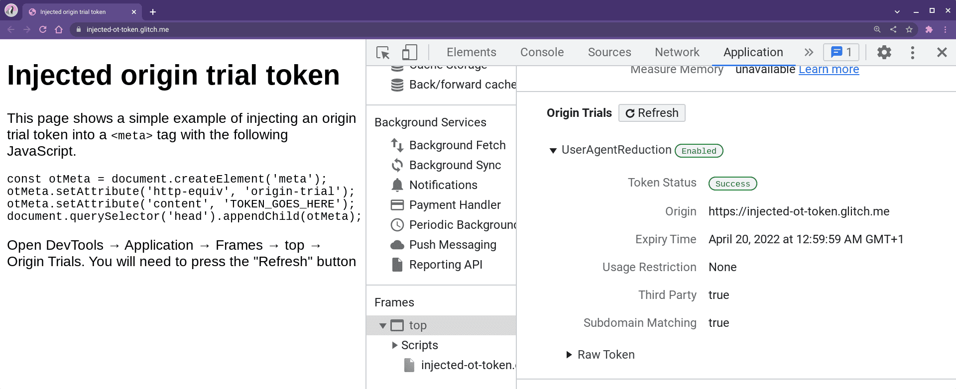 DevTools showing origin trial status under Applications.