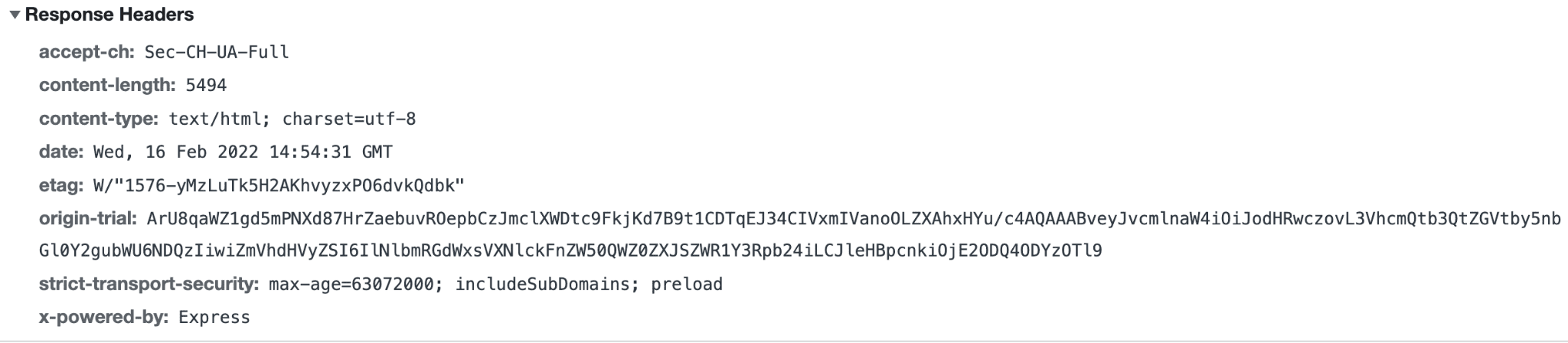Header respons awal yang berisi token uji coba origin.