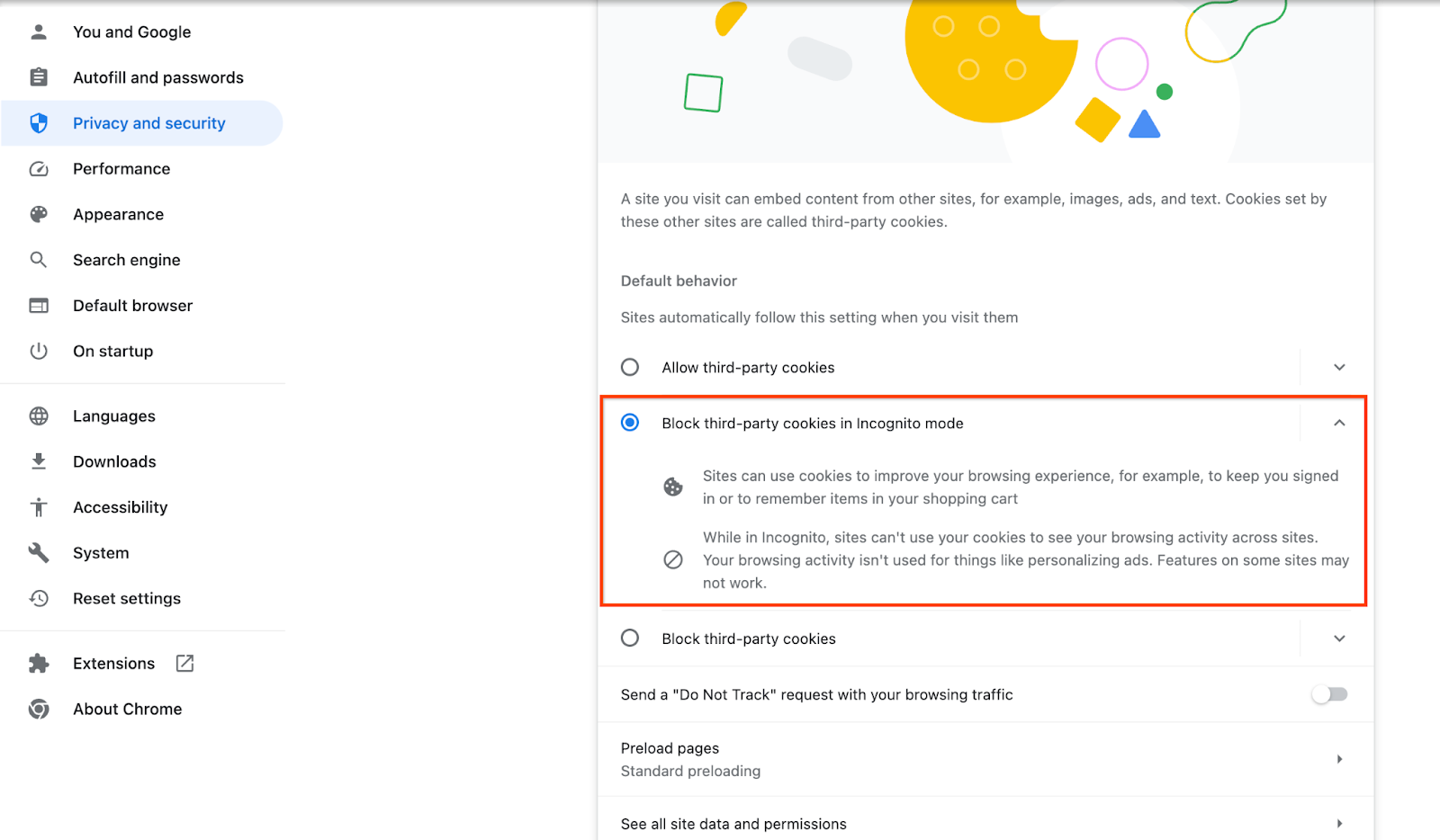 Third party cookie chrome setting.