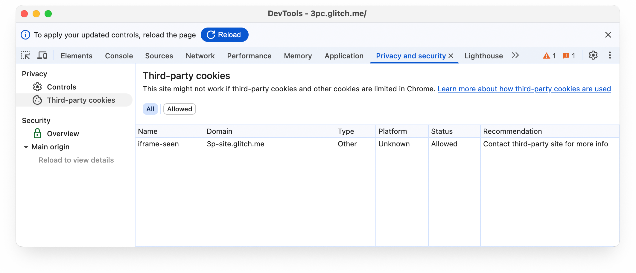 Chrome DevTools के निजता और सुरक्षा पैनल में, तीसरे पक्ष की कुकी टैब चुना गया है