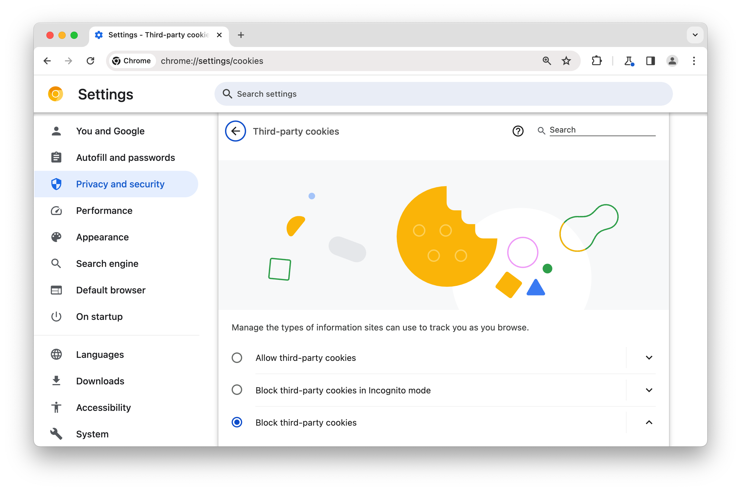 Página chrome://settings/cookies, com a opção de bloquear cookies de terceiros selecionada