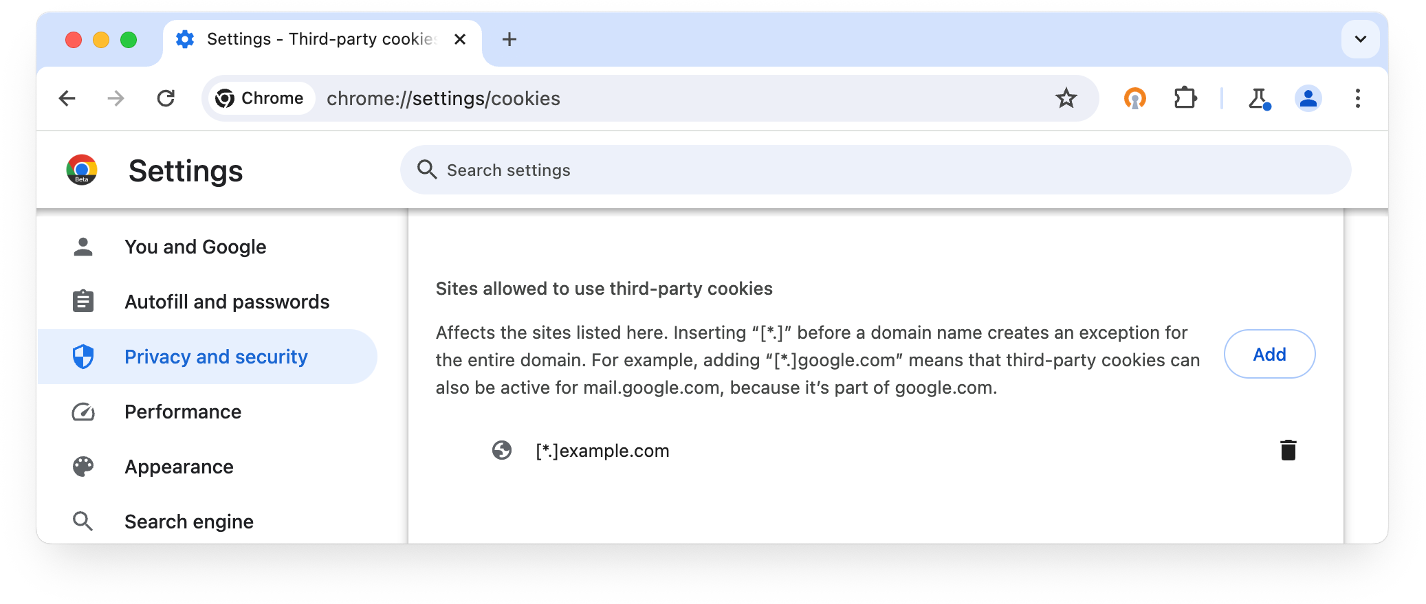 chrome://settings/cookies: sites em que o uso de cookies de terceiros foi permitido
