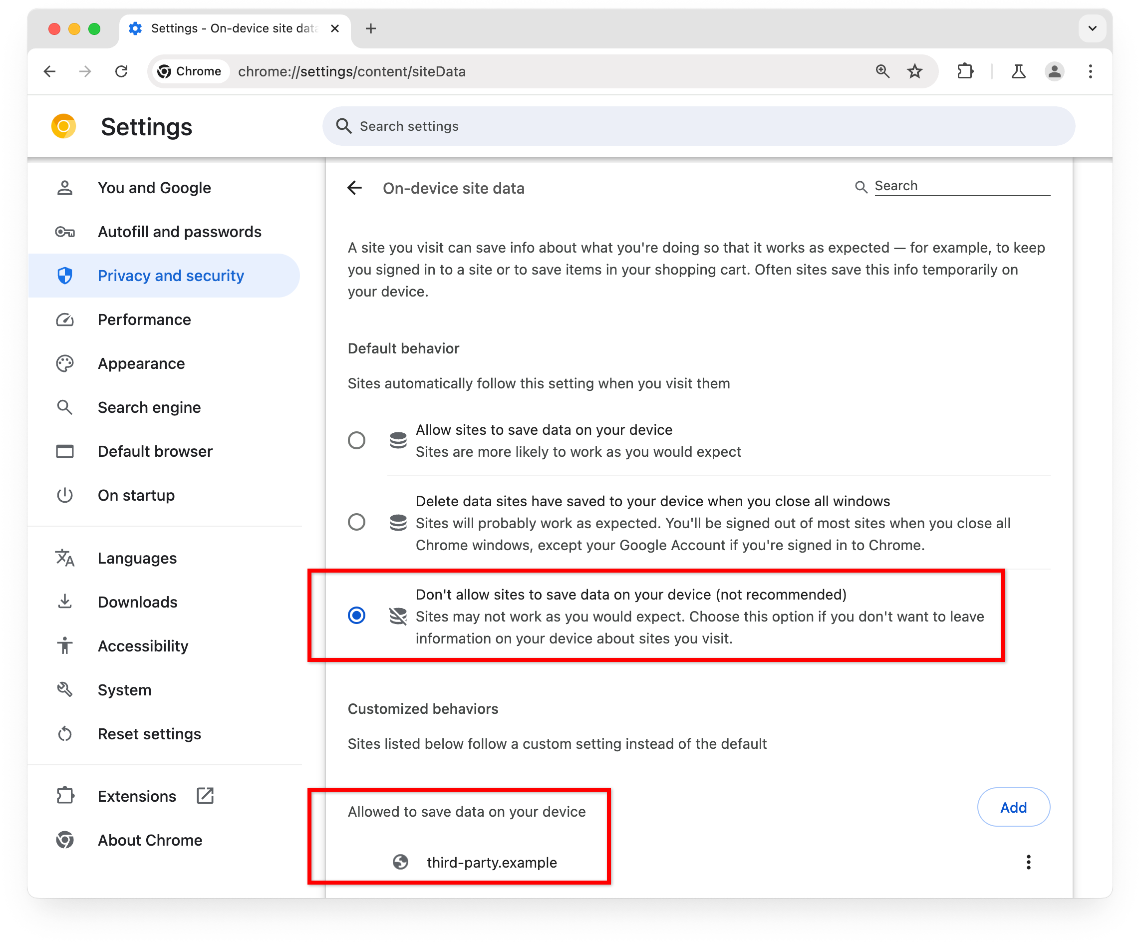 Chrome 설정 페이지: 사이트에서 기기에 데이터를 저장하도록 허용하지 않음이 선택되어 있습니다. 기기에 데이터를 저장할 수 있는 사이트에 third-party.example 사이트가 추가되었습니다.