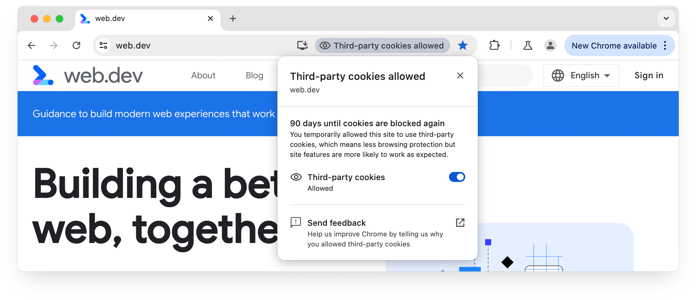 Pasek adresu pokazujący witrynę web.dev, w której pliki cookie innych firm są dozwolone