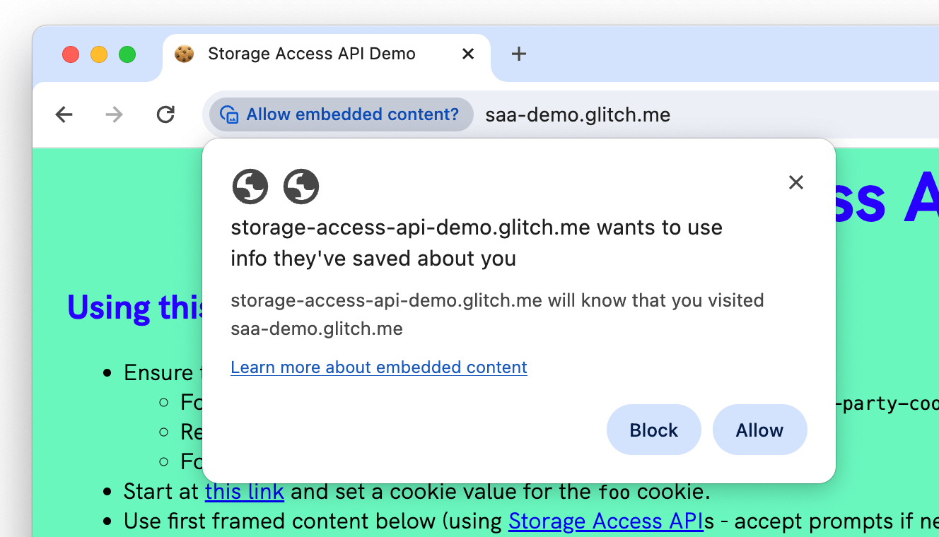 Permintaan izin Storage Access API Chrome.