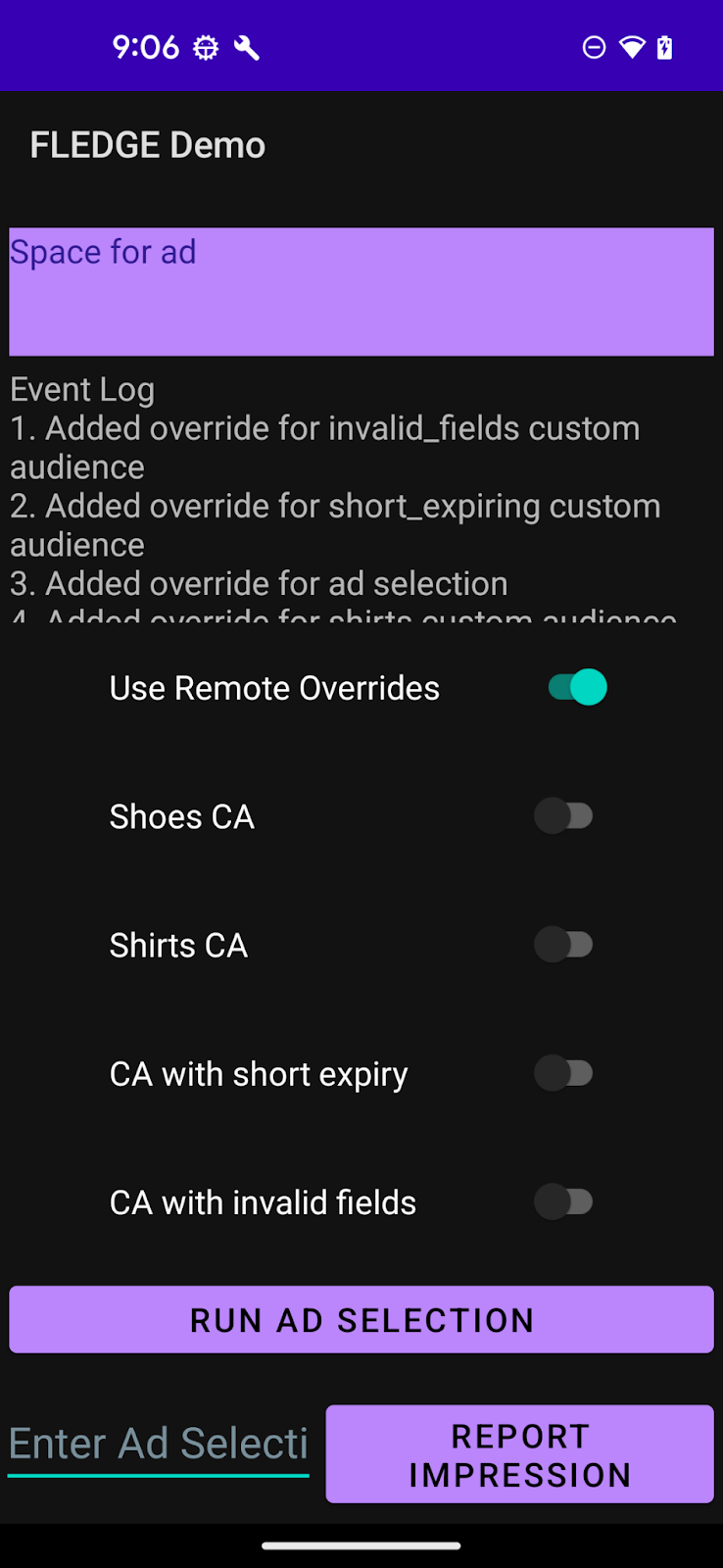 The Shoes CA toggled on in the demo app.