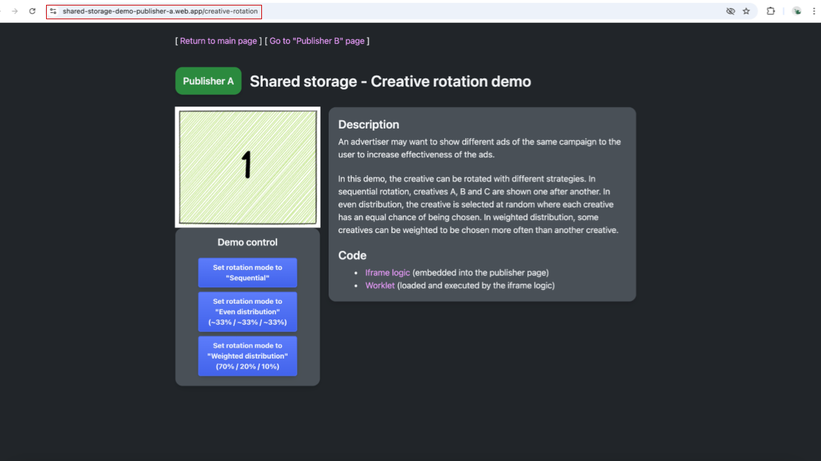 Uno screenshot che mostra i contenuti della pagina per il publisher A https://shared-storage-demo-publisher-a.web.app/creative-rotation contenente un iframe con un&#39;immagine del numero 1, i controlli per scegliere le strategie di rotazione delle creatività sequenziale, distribuzione uniforme e distribuzione ponderata. È presente anche un&#39;area di testo che descrive le diverse strategie di rotazione delle creatività e i link alle logiche iframe e worklet.