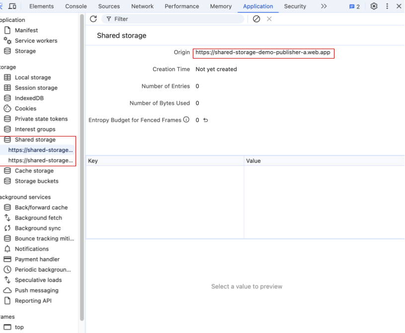 Uno screenshot che mostra Chrome DevTools, in particolare la sezione Applicazione, che evidenzia le voci dello spazio di archiviazione condiviso e mostra lo spazio di archiviazione vuoto per l'origine di "Editore A" https://shared-storage-demo-publisher-a.web.app