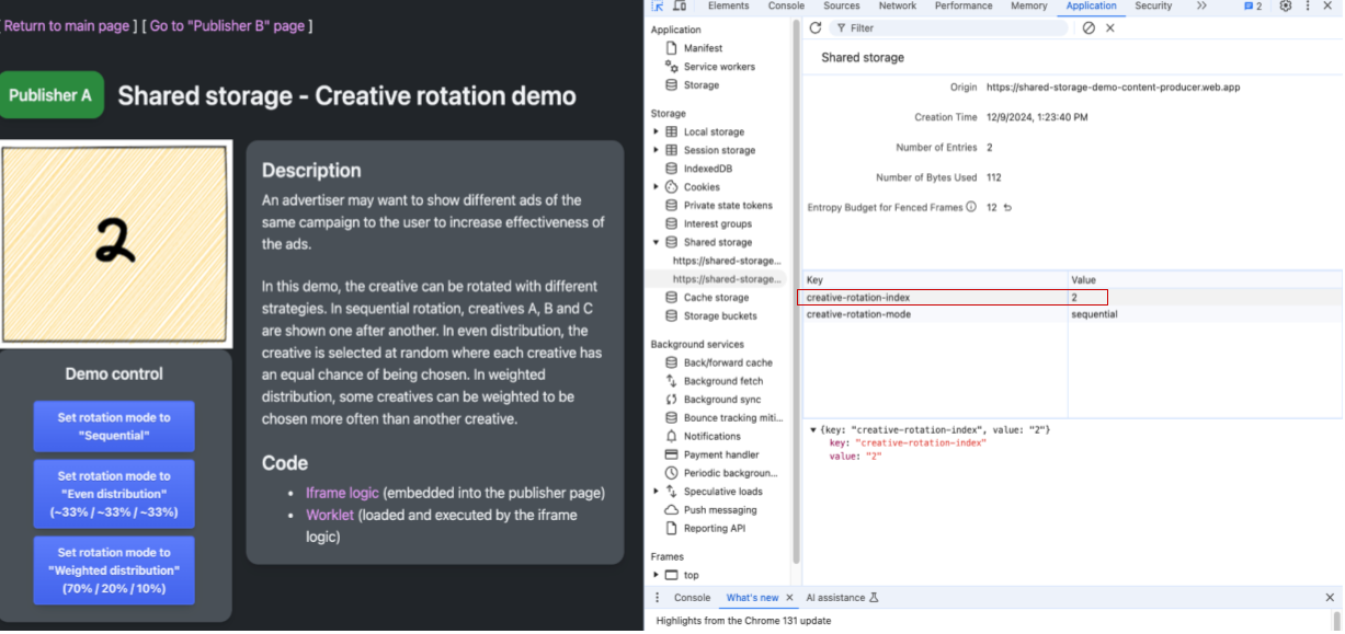 Screenshot yang menampilkan halaman web "Penerbit A" serta DevTools yang menampilkan bagian Penyimpanan Bersama. Materi iklan di halaman diberi label 2, sementara nilai untuk indeks rotasi materi iklan utama ditandai sebagai 2 yang cocok dengan indeks materi iklan yang ditampilkan. Mode rotasi materi iklan saat ini ditampilkan sebagai berurutan.