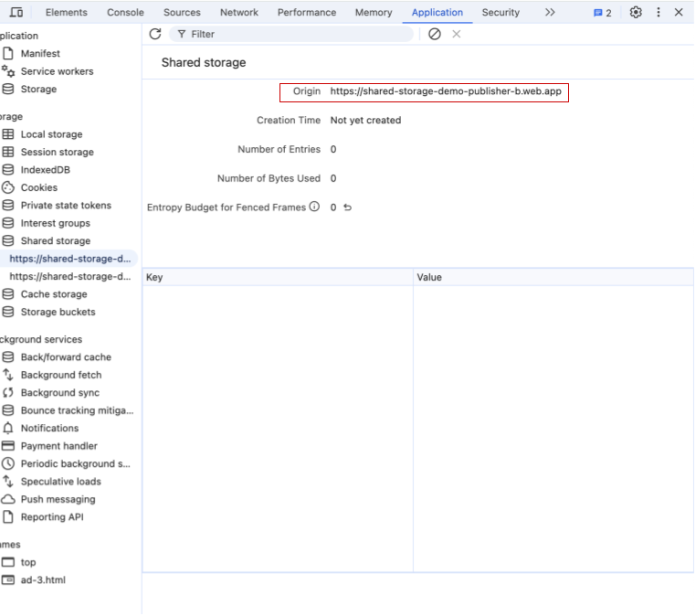  captura de tela mostrando as Ferramentas do desenvolvedor do Chrome, especificamente a seção "Application", destacando as entradas de armazenamento compartilhado e mostrando o armazenamento vazio para a origem de "Publisher B" https://shared-storage-demo-publisher-b.web.app.
