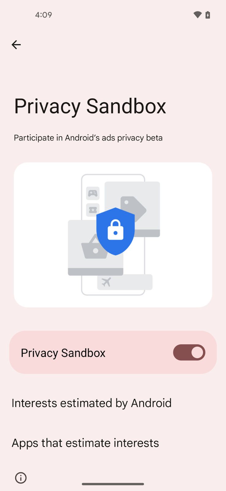 Página do Android para ativar a versão Beta da API do Sandbox de privacidade no dispositivo.